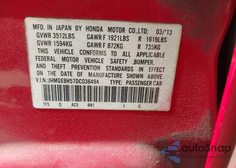 2013 Honda Fit Sport из США, поврежденный, VIN JHMGE8H57DC036494